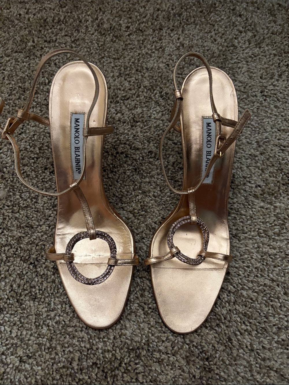 Manolo Blahnik Rose Gold Crystal Circle Slingback Sandals